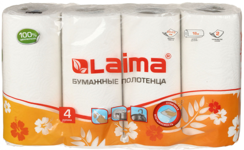 Полотенца бумажные Laima (в рулоне) 4 рулона, ширина 215 мм, белые